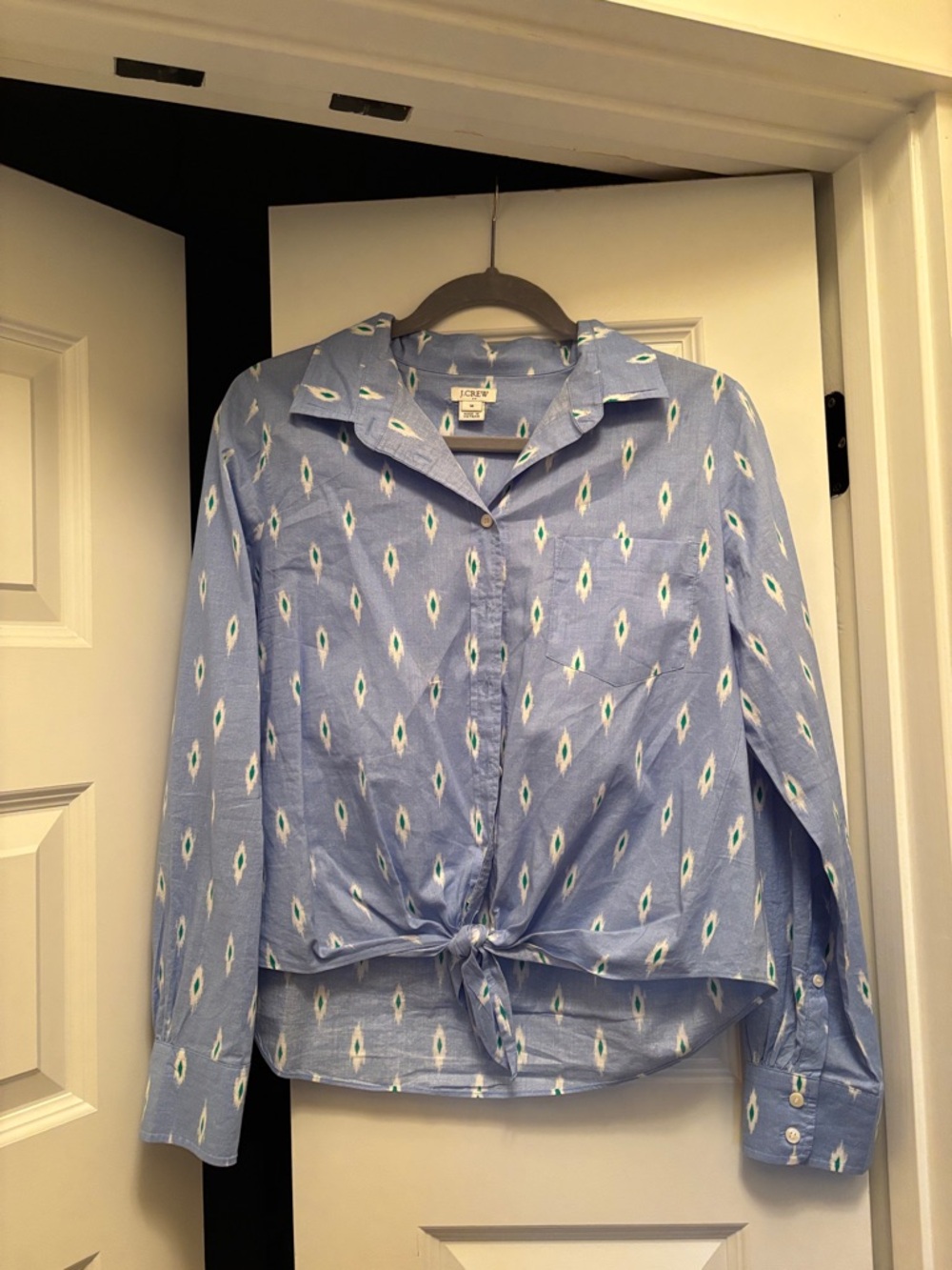 J. Crew Blue Printed Tie-Front Button-Up Shirt